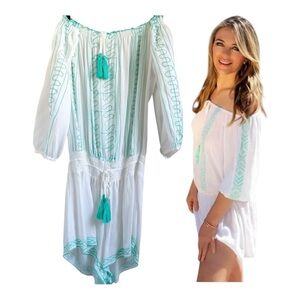 NWOT Venus White Off Shoulder Teal Embroidered Swim Cover Up Shorts Romper S